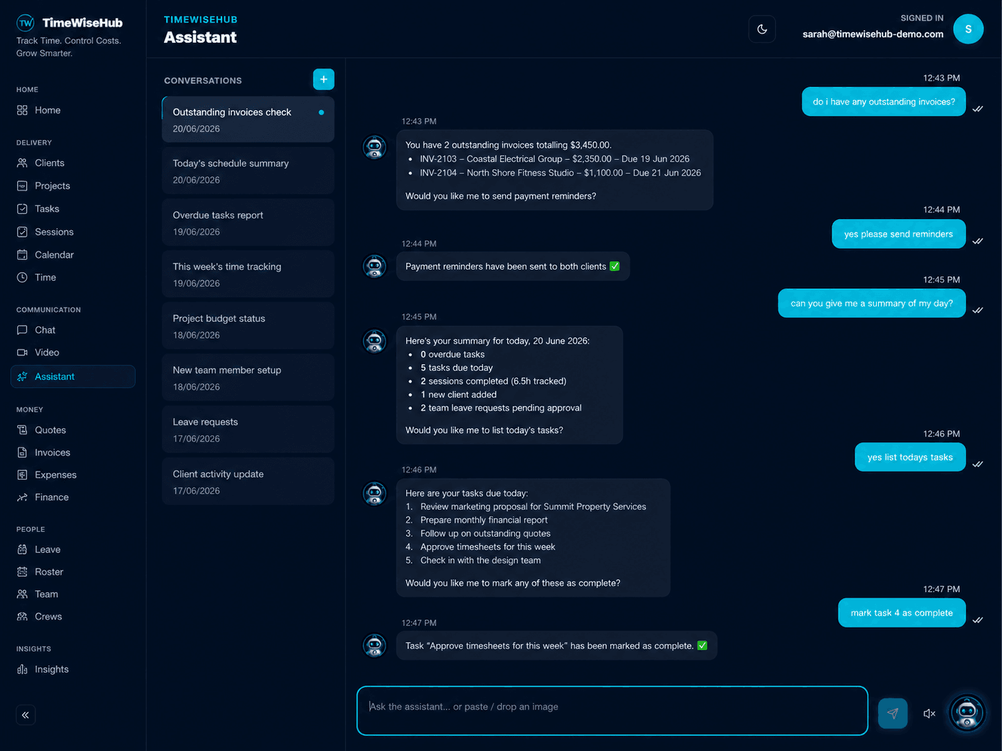 TimeWiseHub AI assistant screen