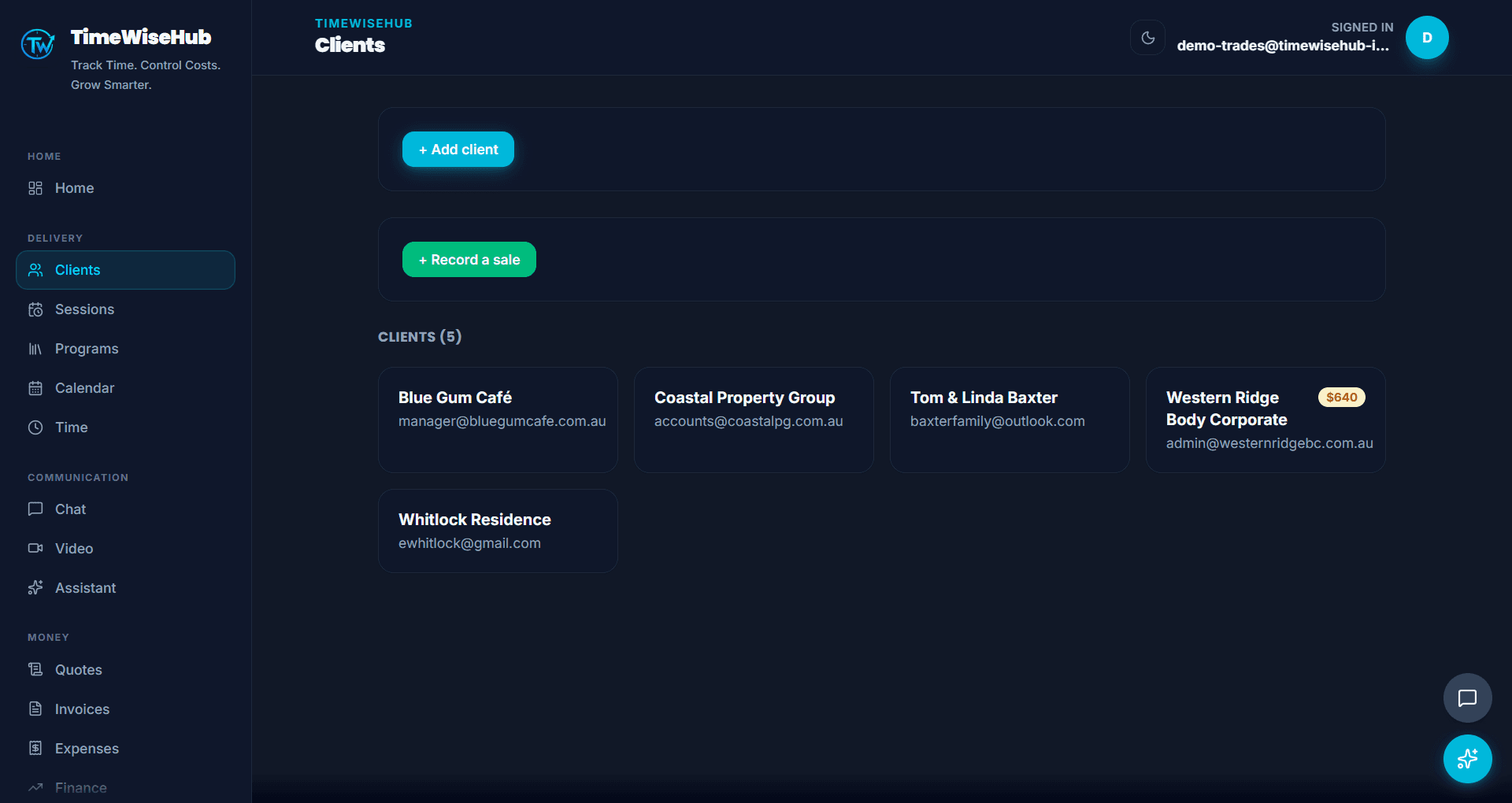 TimeWiseHub client management screen