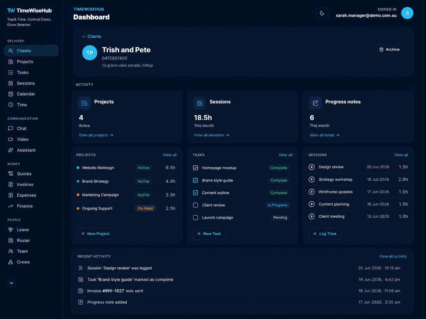 TimeWiseHub clients projects and tasks screen