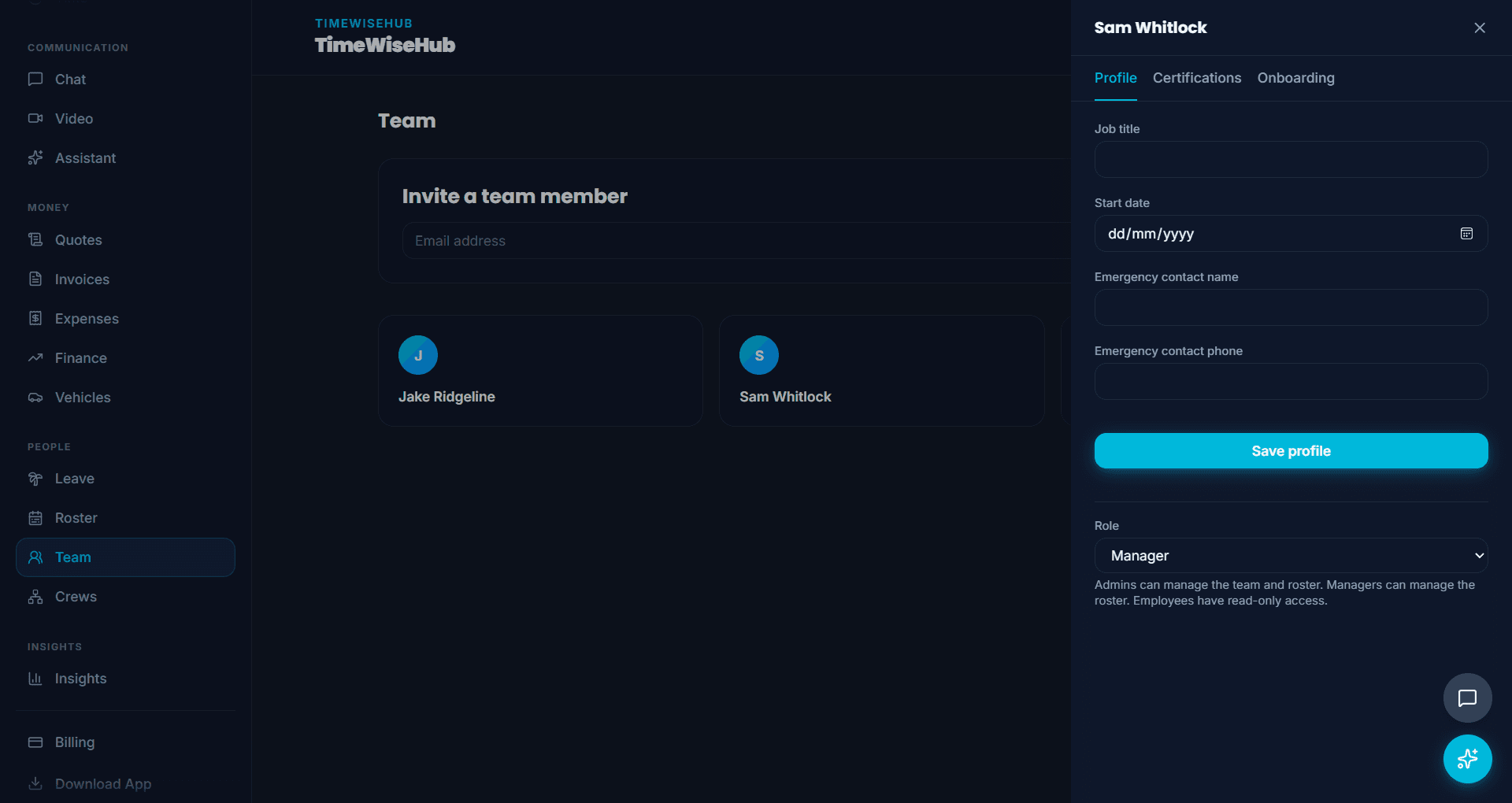 TimeWiseHub HR profiles screen