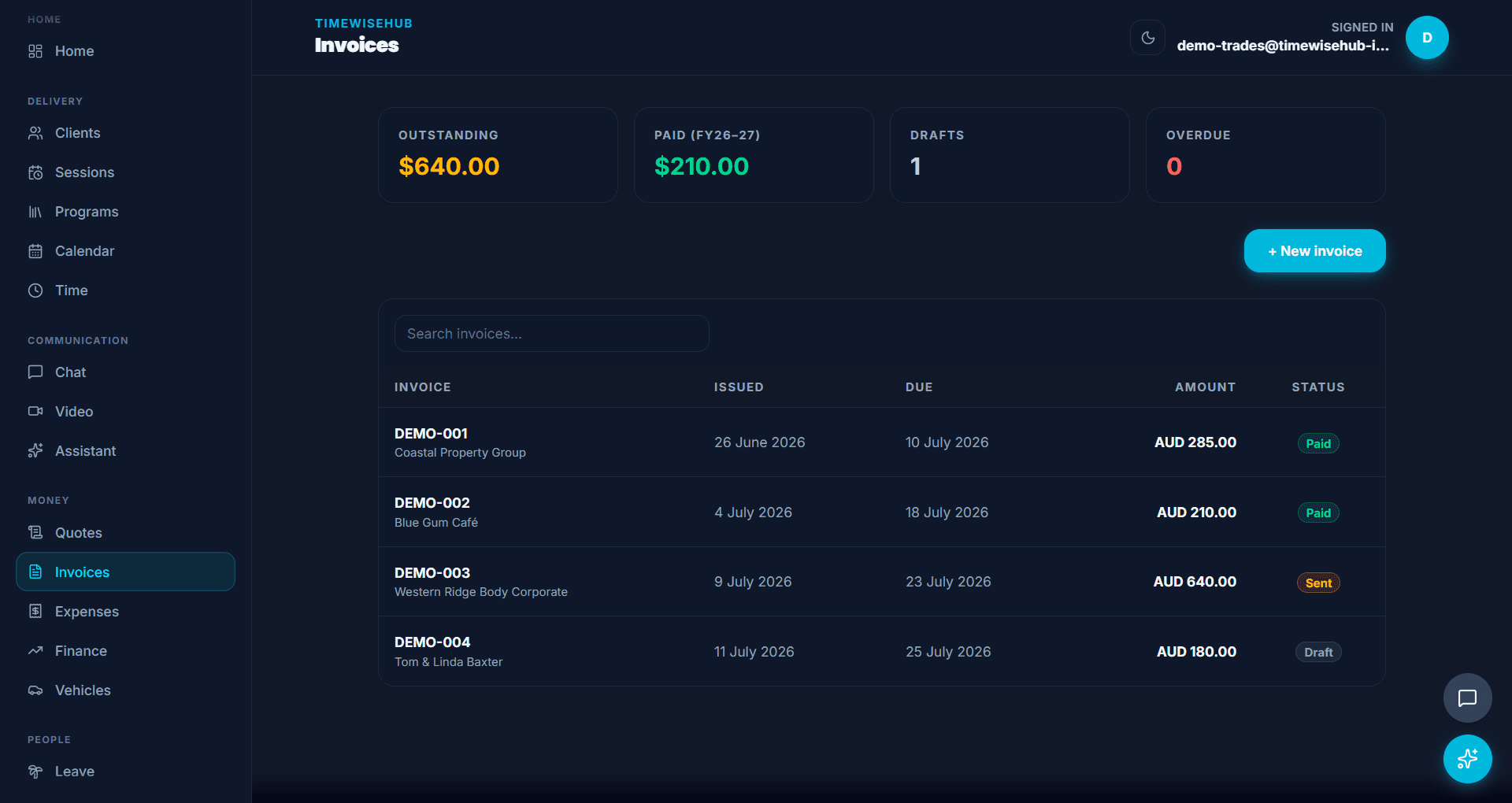 TimeWiseHub invoices screen