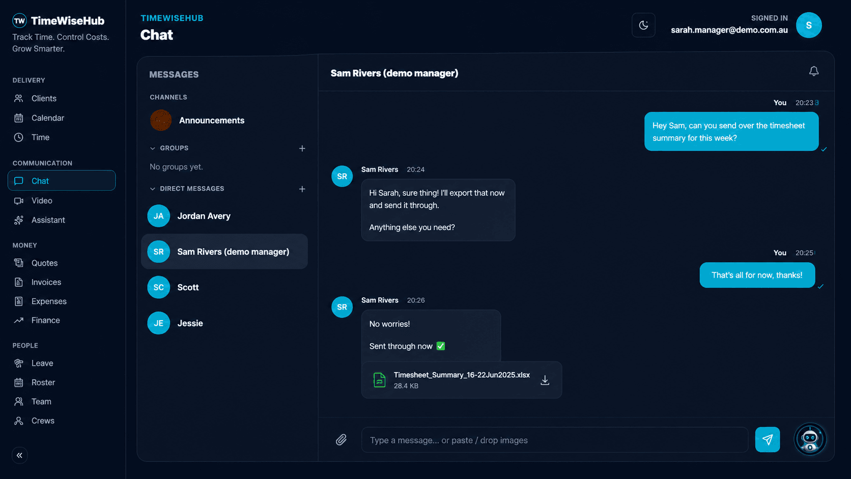 TimeWiseHub team chat screen