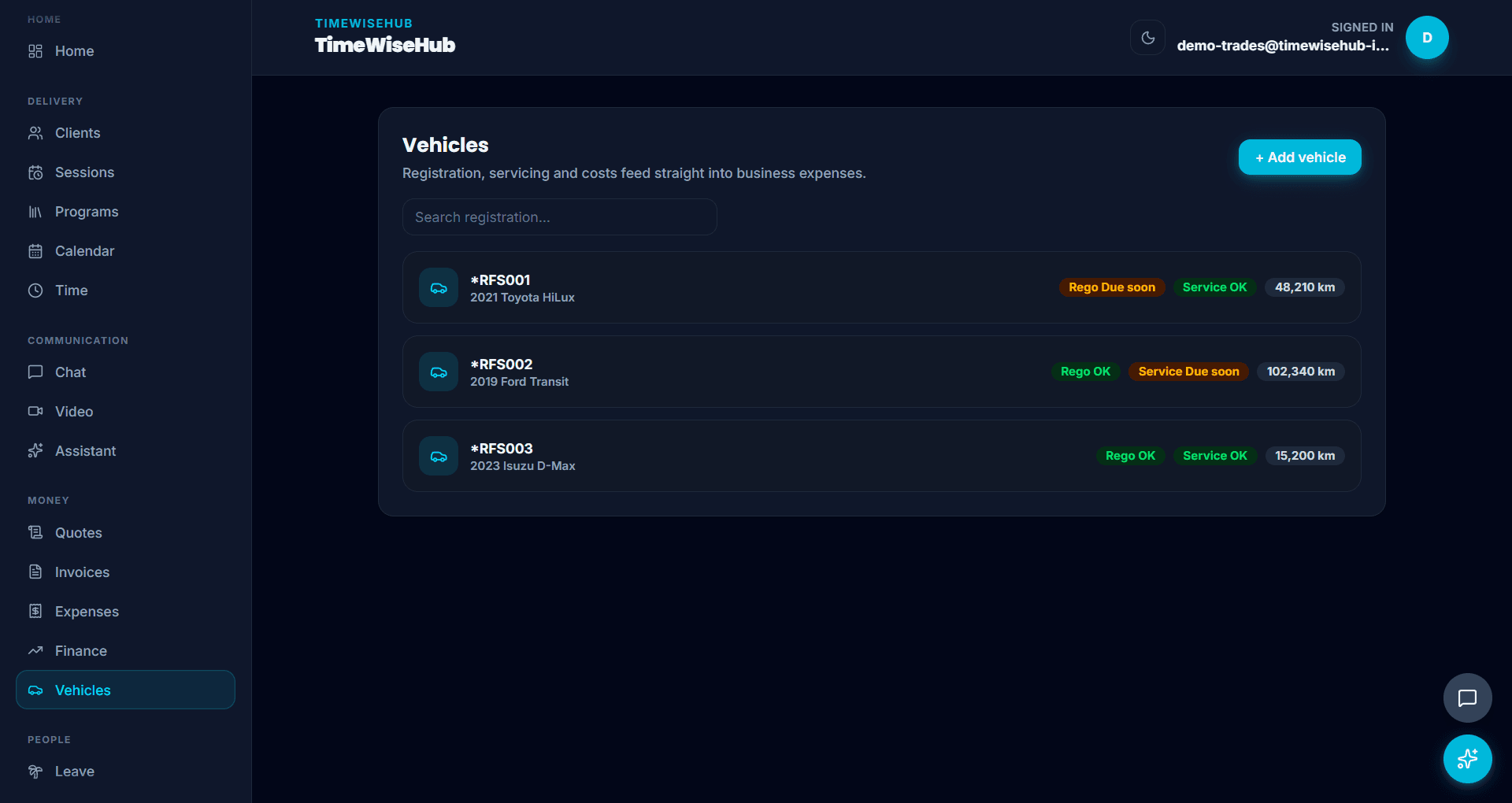 TimeWiseHub vehicle tracking screen
